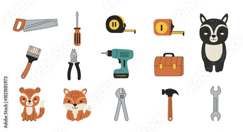 Cartoon tools and animals on white background for construction or diy projects