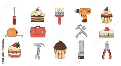 Cartoon tools and desserts on a white background for design and decor