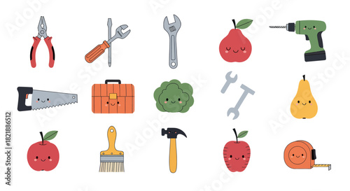 Cartoon tools and fruits collection isolated on white background
