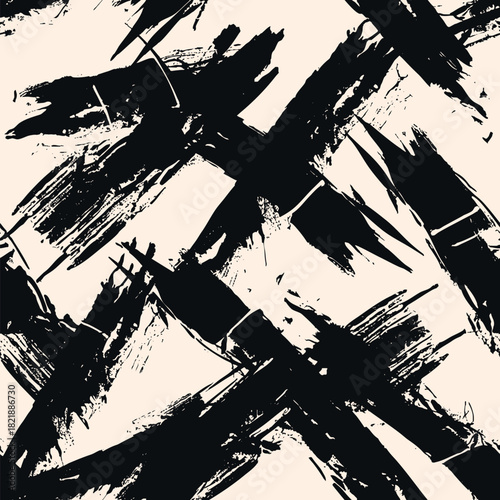 Vector seamless pattern with grunge brush strokes, abstract sport texture background. Dynamic black paint splashes, expressive ink marks design. Modern repeated wallpaper for textile, print, decor