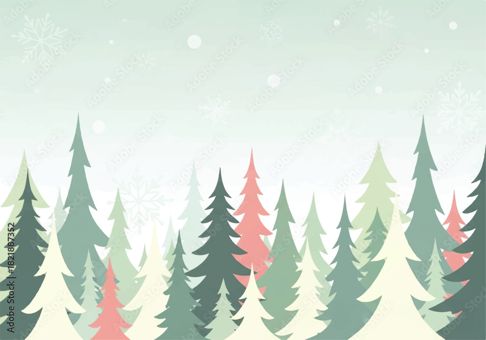 Obraz premium A stylized winter scene featuring a forest of evergreen trees in various shades of green and pink, with falling snowflakes against a light background.
