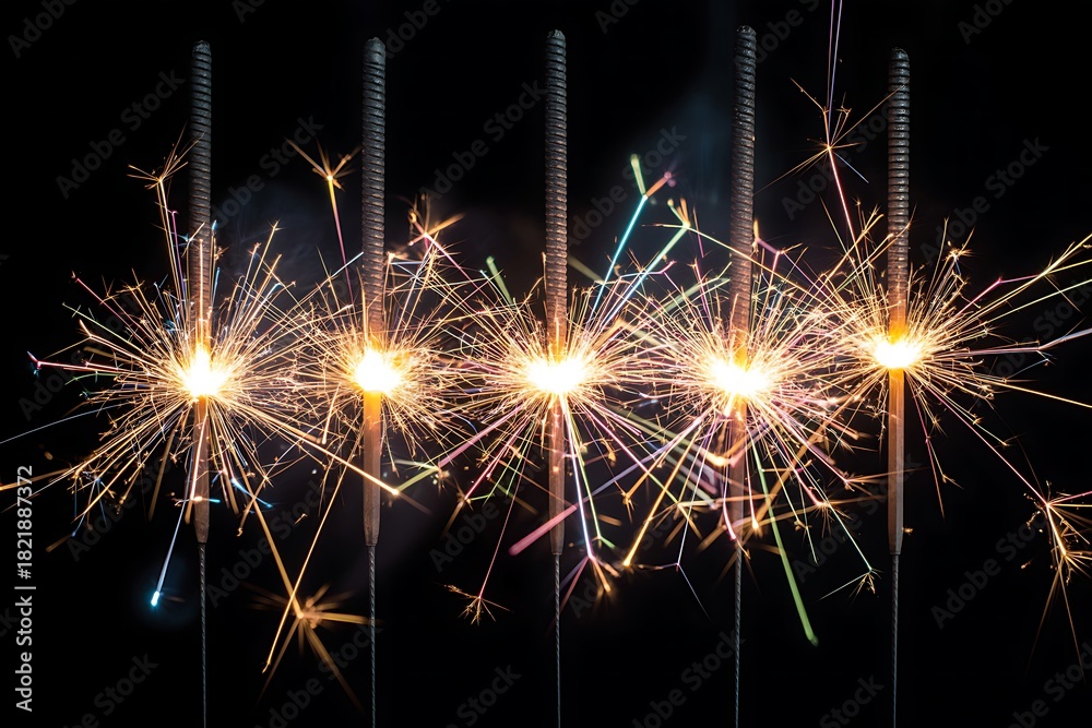 Naklejka premium Five sparklers ignite, creating a spectacular display of colorful sparks