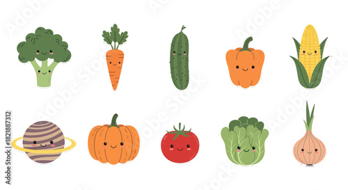 Cartoon vegetables and planet illustration for healthy food concepts