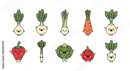 Cartoon vegetables collection colorful smiling food characters on white