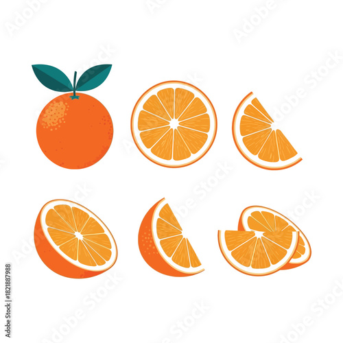 Fresh orange segments and halves isolated on a white background for design