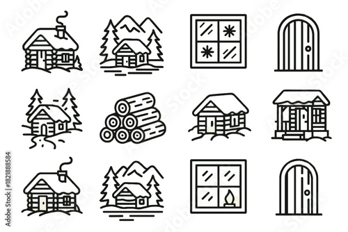 Icon cabin inside wooden firewood lake porch vector winter chimney snowy