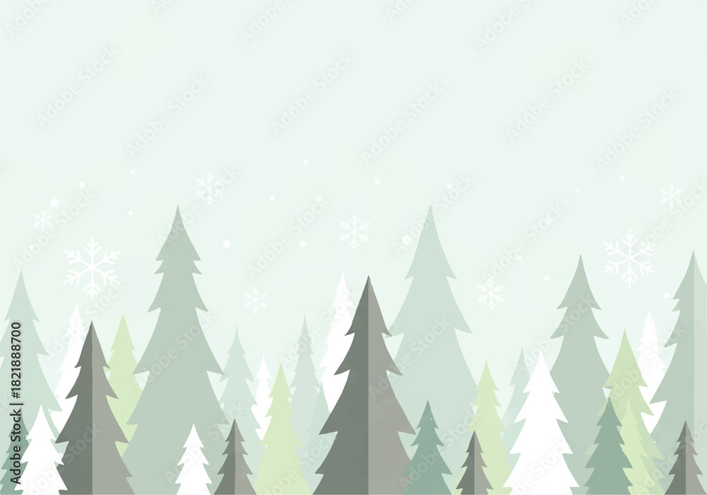 Obraz premium A stylized winter forest scene featuring various shades of green and grey evergreen trees with subtle snowflakes on a light background.
