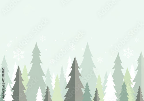 A stylized winter forest scene featuring various shades of green and grey evergreen trees with subtle snowflakes on a light background.