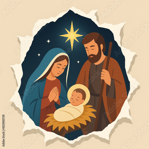 Jagged tear gap vector nativity Mary Joseph infant ripped edges inner glow flat illustration