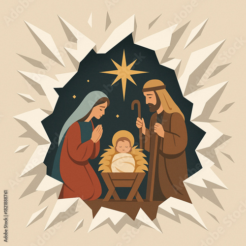 Nativity torn paper jagged rip silhouettes shards shadows flat Christmas illustration