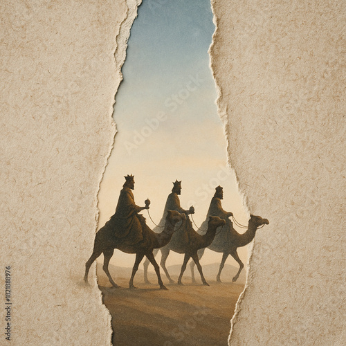 Three Kings caravan torn paper vertical jagged gap distressed texture gradients white background illustration