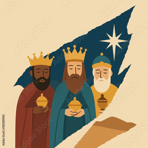 Three Wise Men torn vector silhouettes diagonal rip desert star flat Christmas illustration