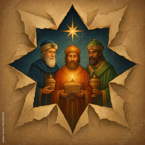 Three Wise Men star torn vector silhouettes fragmented paper points illuminated Christmas illustration
