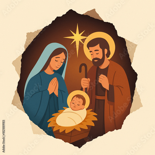 Jagged tear gap vector nativity Mary Joseph infant ripped edges inner glow flat illustration