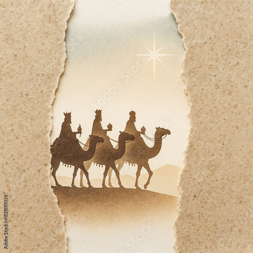 Three Kings caravan torn paper vertical jagged gap distressed texture gradients white background illustration