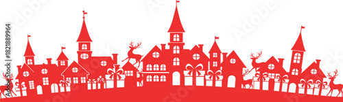 Illustration of a magical holiday village silhouette, a secret winter settlement with festive reindeer on the rooftops