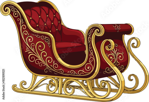 Holiday Sleigh: An ornately decorated sleigh stands ready, its luxurious red interior and golden embellishments reflecting festive cheer and anticipation of joyful journeys.