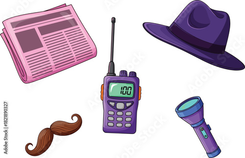Detective tools illustration, cartoon style, newspaper, fedora hat, mustache, walkie-talkie, flashlight, mystery theme, spy gear, investigation items, secret agent, crime scene, clue icons,