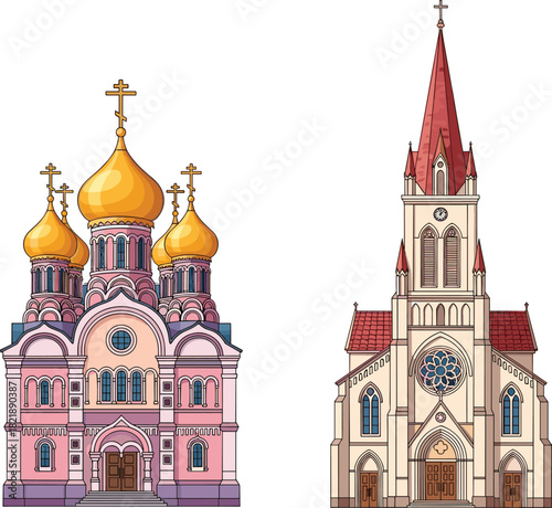 Eastern Orthodox church, Gothic cathedral illustration, religious architecture comparison, onion domes, pointed spire, Christian building styles, cultural contrast vector