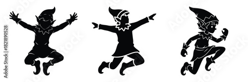 black silhouette elf antic hop on a white background graphic design