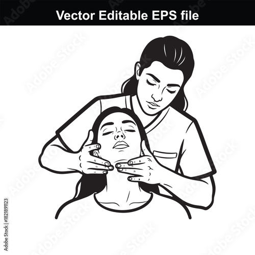 Illustration of a person giving a facial massage to another person, representing relaxation and beauty treatments, isolated on white background