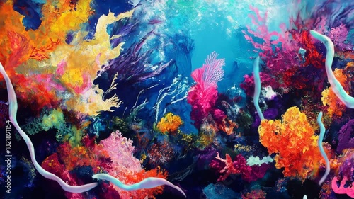 Vibrant underwater scene depicting colorful coral reefs and marine life