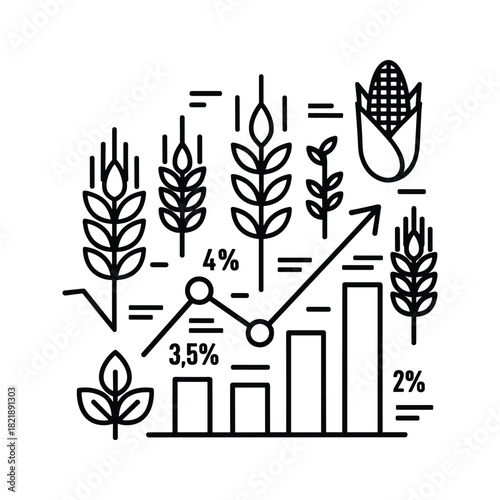 Agriculture growth chart with wheat and corn icons isolated on