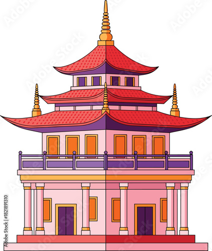 Traditional East Asian pagoda illustration, Chinese architecture, Japanese temple, Korean design, cultural heritage, tiered roof, red tiles, golden finials, ornate structure, symmetrical building,