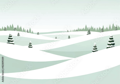 A serene winter landscape featuring snow-covered rolling hills dotted with evergreen trees under a pale sky.