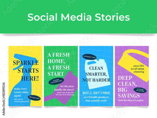 Colorful social media story templates dedicated to spring cleaning, promoting offers and services with a striking and memorable design.