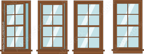 Wooden framed windows, blue glass panes, open and closed window states, home architecture element, realistic vector design, interior concept