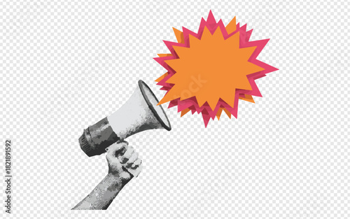 Urgent announcement with megaphone for sale, hand holding loudspeaker with speech bubble for promotional marketing, public relations and communication design