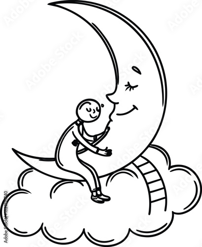 Dreamy doodle: little man hugging smiling moon on a cloud with a ladder to the stars (100 chars)