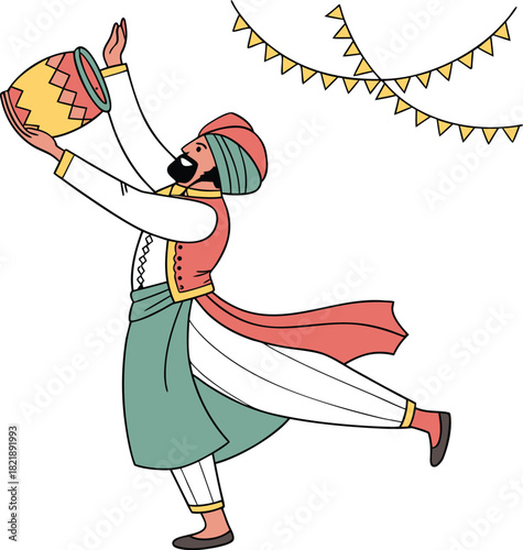 Celebrating harvest: punjabi man dancing bhangra with a pot. festival bunting above.  [100/100]