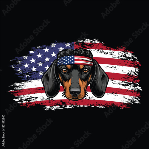  Dachshund Patriotic American Flag Bandana Art USA Wiener Dog Design