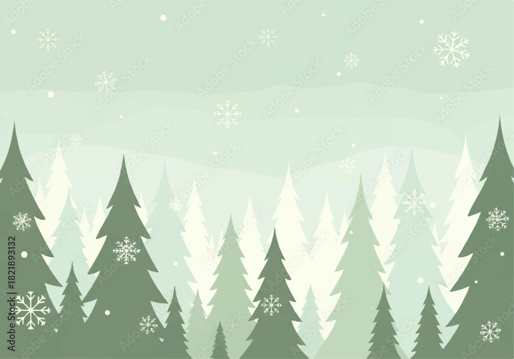 Obraz premium Stylized illustration of a winter forest with evergreen trees and falling snowflakes in shades of green and white.