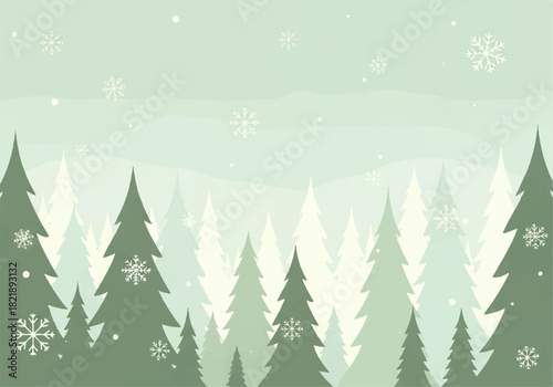 Stylized illustration of a winter forest with evergreen trees and falling snowflakes in shades of green and white.