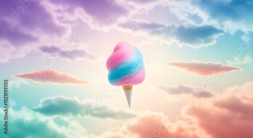 A creatively reimagined version of cotton candy cone floating against surreal pastel clouds, dreamy whimsical concept, emphasizing style, visual interest, and refined wording.