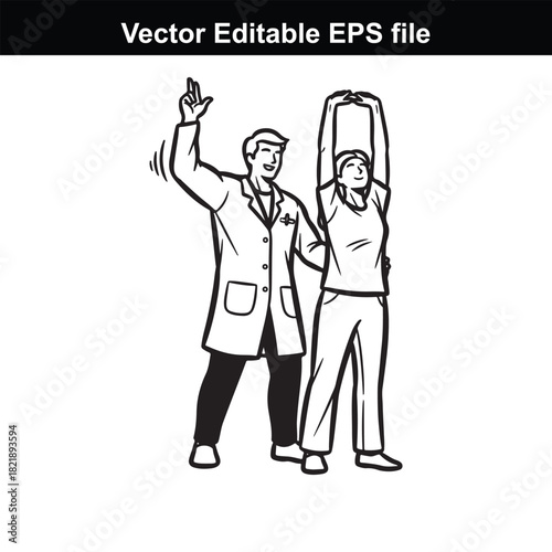 Doctor instructing a patient in a stretching exercise, isolated on white background