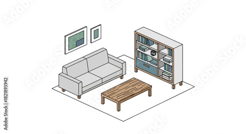 Modern living room design with cozy sofa, stylish bookshelf, and minimalist decor creating a peaceful and inviting space for relaxation and comfort
