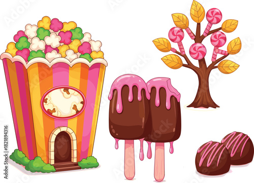 Candy tree illustration, popcorn house, chocolate popsicles, sweet treats, cartoon dessert art, whimsical food design, colorful candy graphics, playful sweets