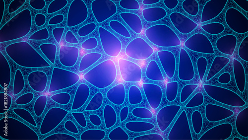 Blue Organic Cell Pattern With Neural Texture. Abstract Voronoi Network. Ai Bg With Neuron And Synapse Geometry. Cyber Grid And Mesh. Techno Background With Dynamic Lines And Curve. Biology Structure