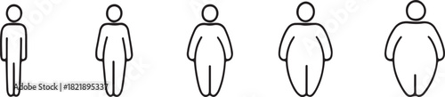 Different types body people icon set. Size body person thin to fat, underweight, normal, overweight, obese, extremely obese line art vector illustration