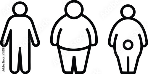 Different types body people line icon set. Size body person thin to fat, underweight, normal, overweight outline line art vector illustration