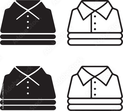  Folded shirt clothes icons set. Stack of folded shirts icons. Folded shirt clothes logo, label, badge, sign, symbol, emblem, stamp, black, flat, line art and silhouette vector illustration