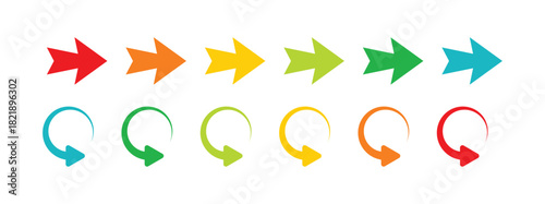 Assorted colorful arrows pointing right and curved arrows on a white background in a flat design