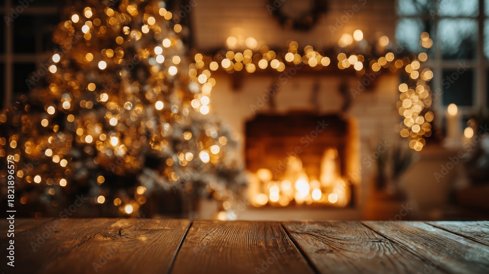 Obraz premium Warm Christmas bokeh lights with rustic wooden table