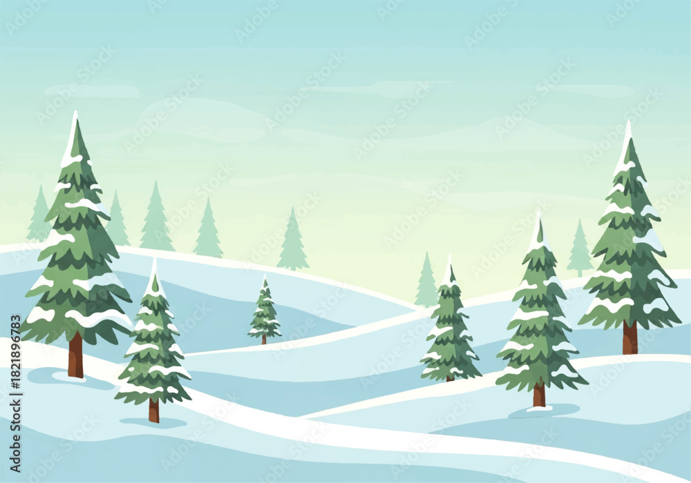 Obraz premium A serene winter landscape with snow-covered hills and evergreen trees, some topped with snow, under a light blue sky.