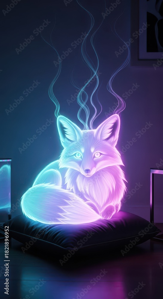 Obraz premium Mystical glowing canine creature emanates ethereal wisps while sitting upon a dark cushion
