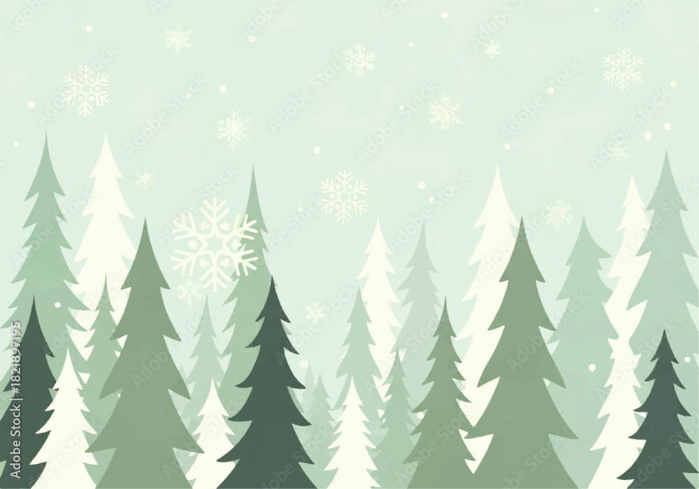 Fototapeta premium Stylized illustration of a winter forest with evergreen trees in varying shades of green and falling snowflakes on a light background.